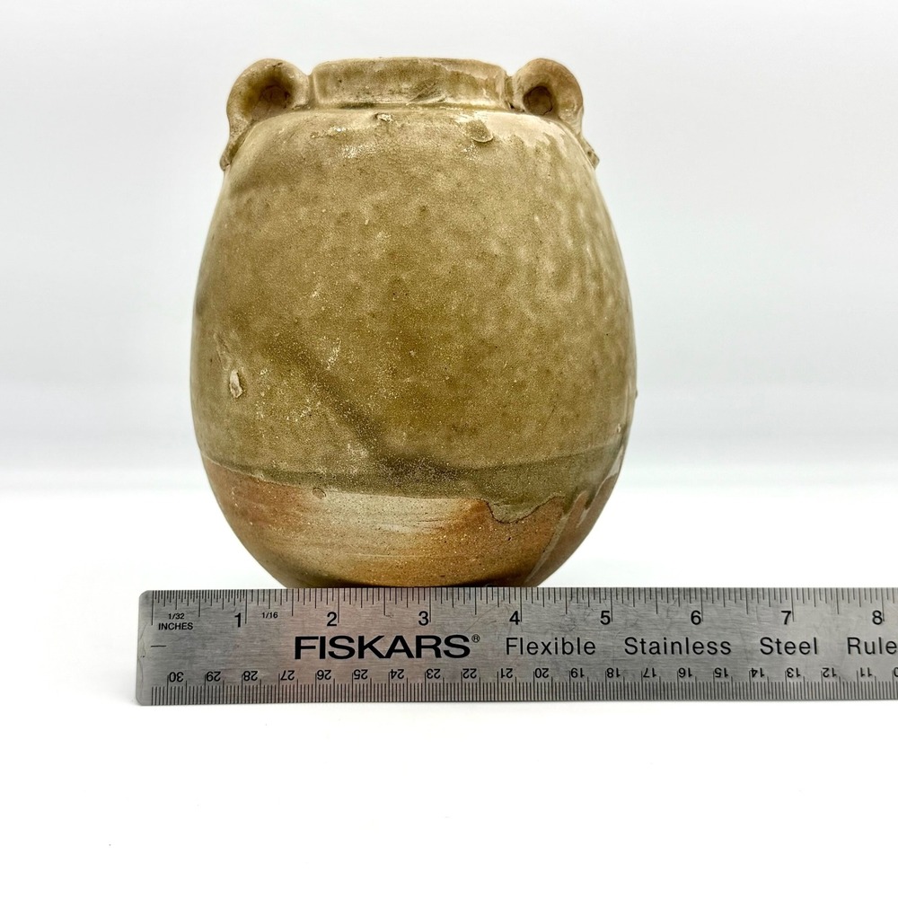 Reproduction Chinese Lug Jar Stoneware Wabi Sabi Green Crackle Glaze - Picture 12 of 14